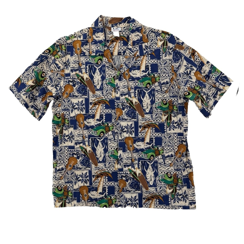 Vintage Q Fashion Hawaiian‎ Shirt Mens Medium Surfboard Ukulele Cars AOP Aloha